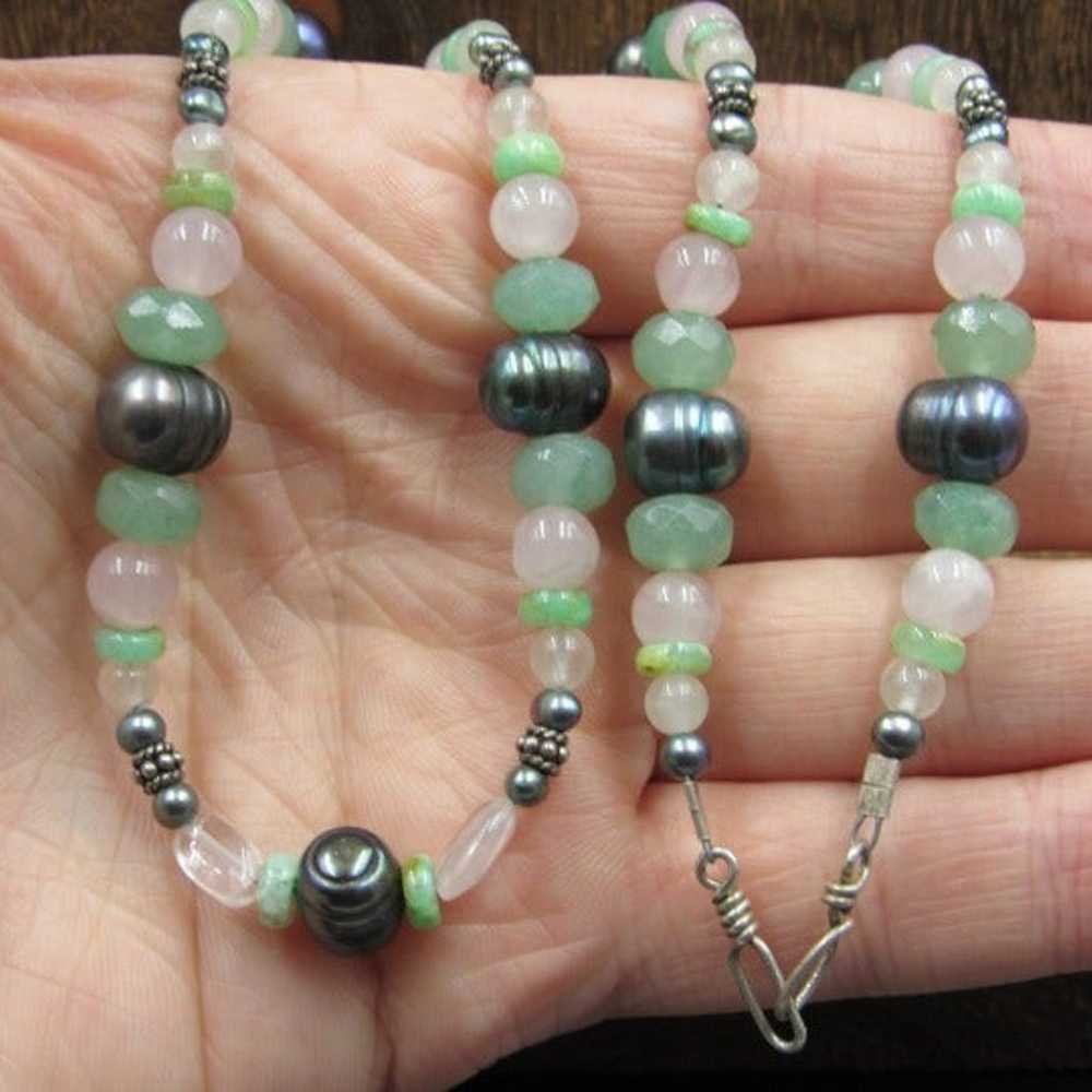 18" Sterling Silver Jade Pearls & Rose Quartz Sto… - image 3