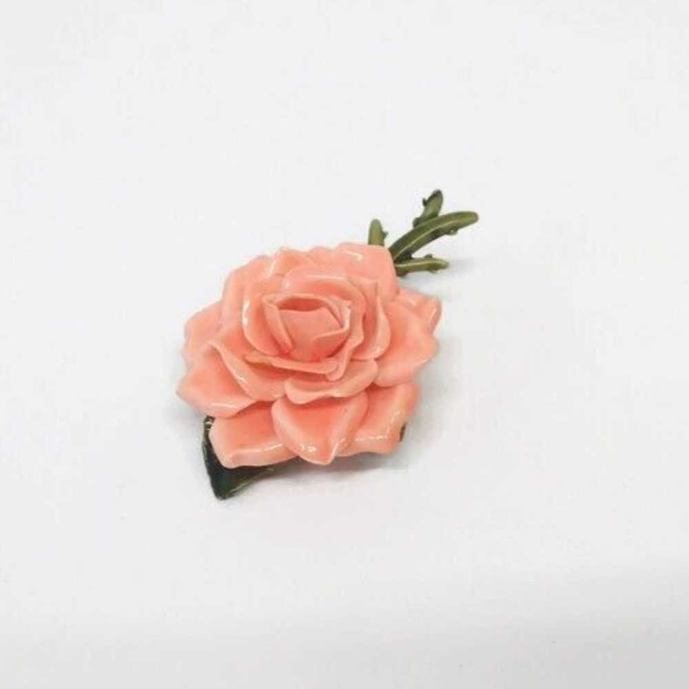 Vintage 60s Pink Rose Pin with Green Stem and Lea… - image 1