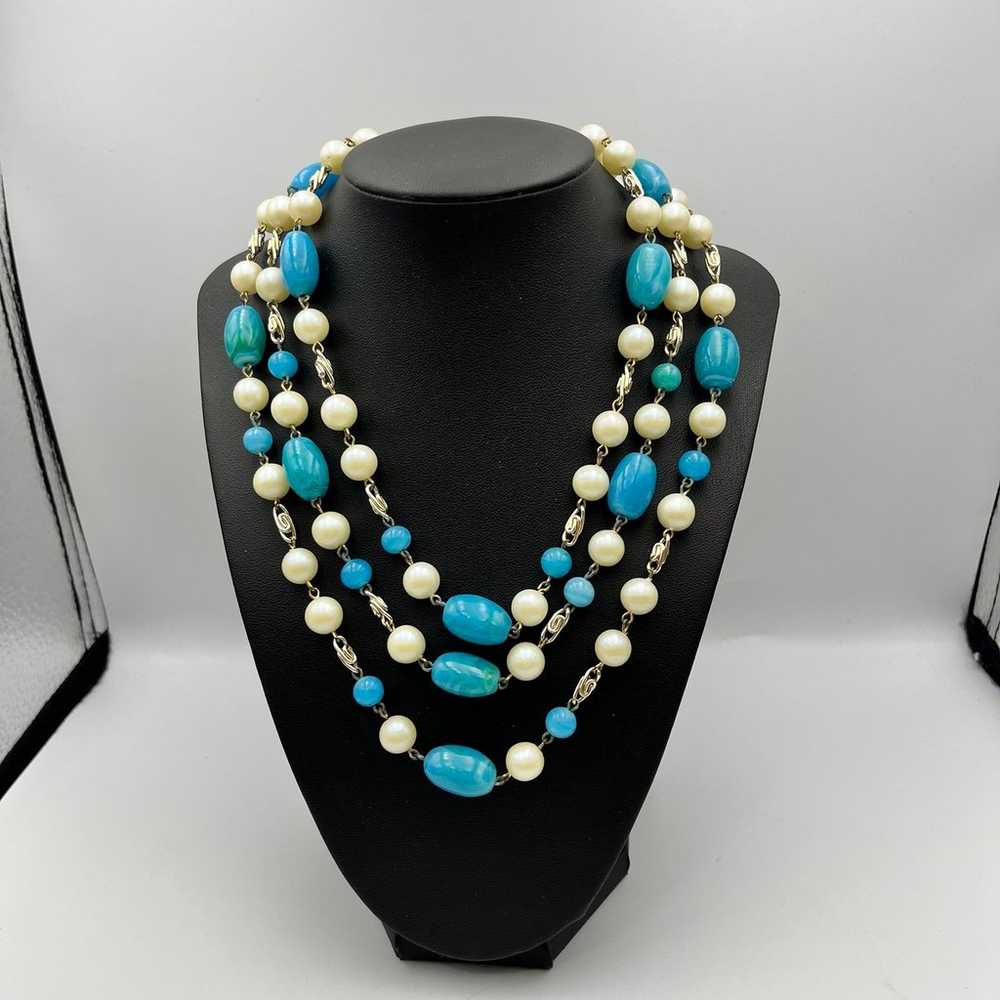 Vintage 3 strand faux pearl and blue glass Neckla… - image 1