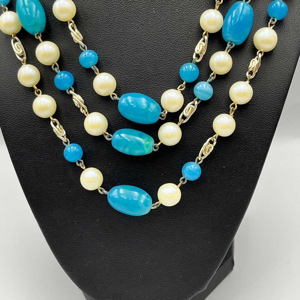 Vintage 3 strand faux pearl and blue glass Neckla… - image 2