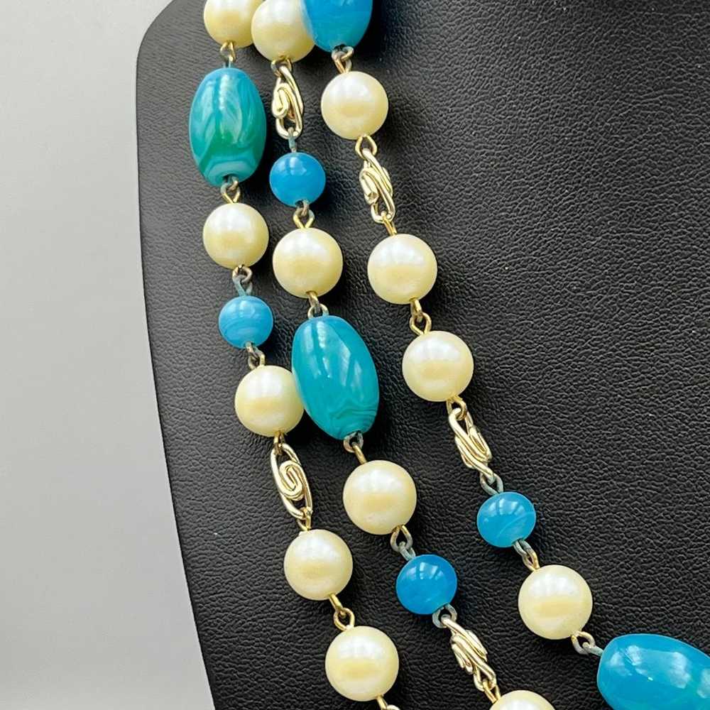 Vintage 3 strand faux pearl and blue glass Neckla… - image 3