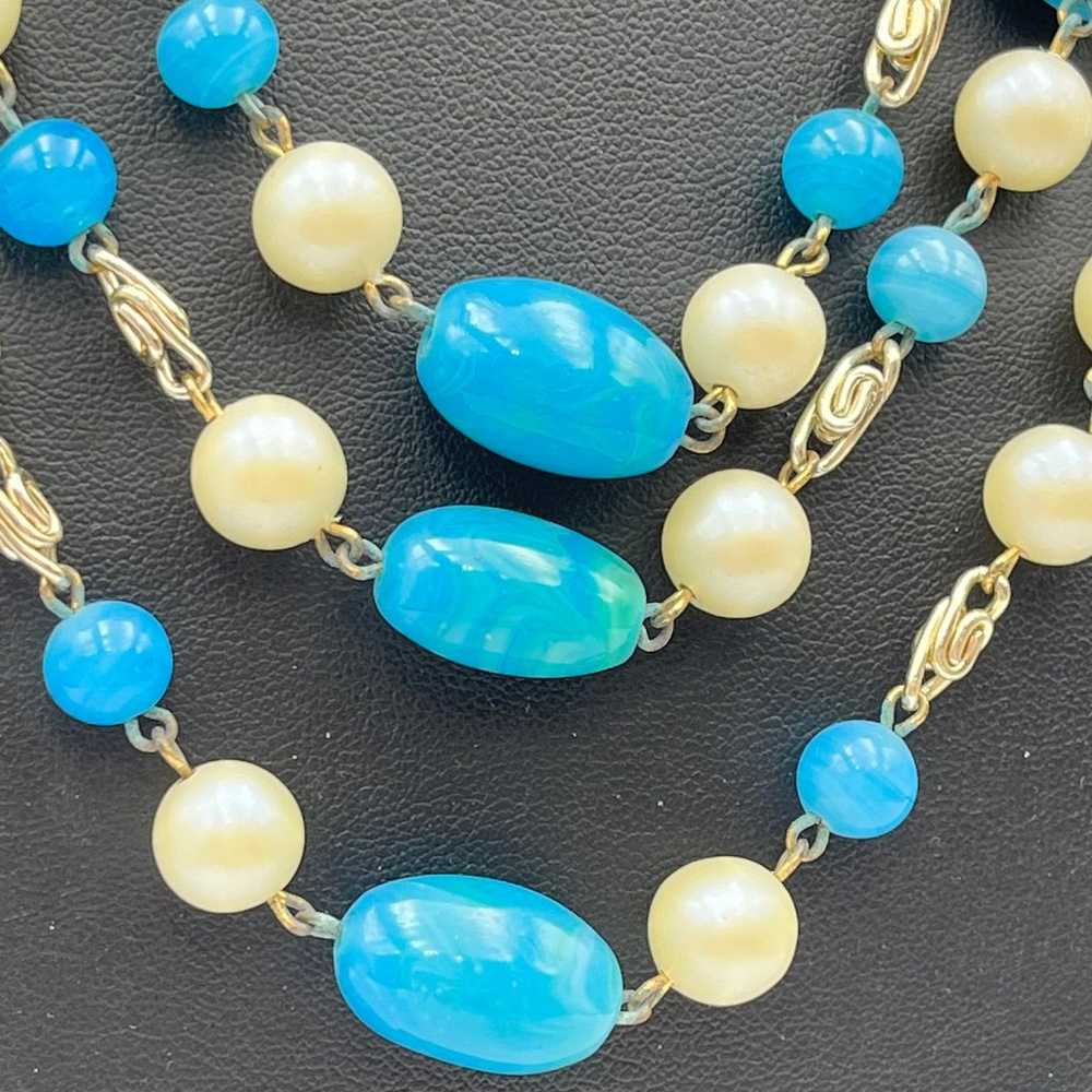 Vintage 3 strand faux pearl and blue glass Neckla… - image 4