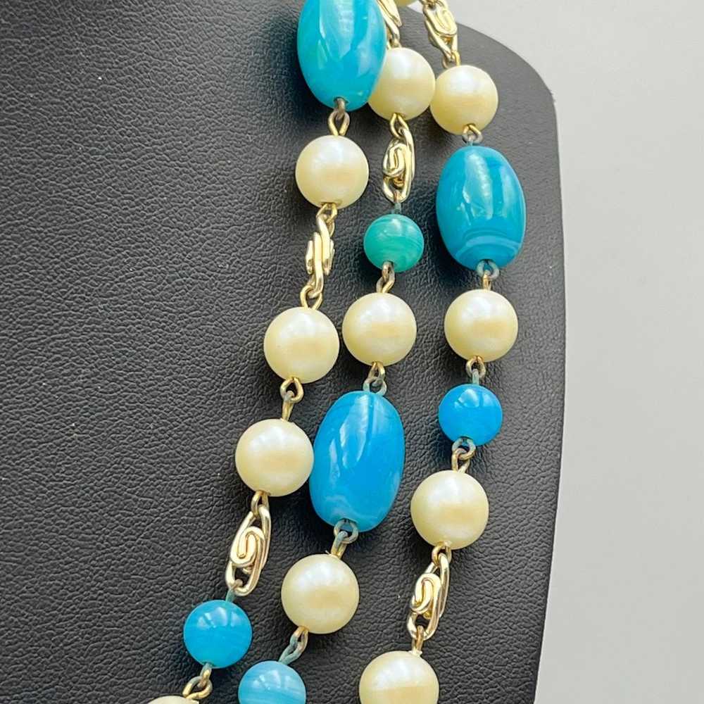 Vintage 3 strand faux pearl and blue glass Neckla… - image 5