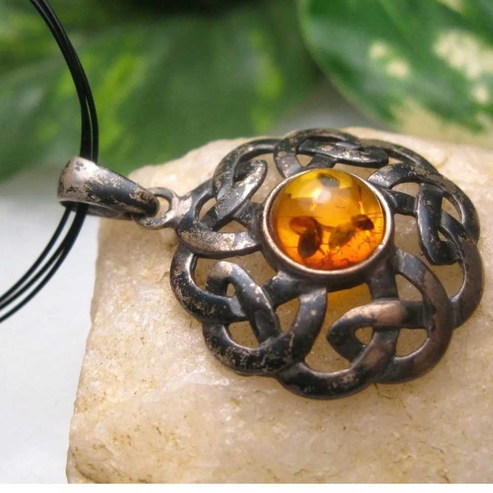 VINTAGE OLD CELTIC AMBER PENDANT NECKLACE - image 1