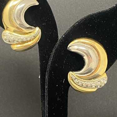 Vintage 2-tone Gold Tone Clip On Earrings With Rh… - image 1