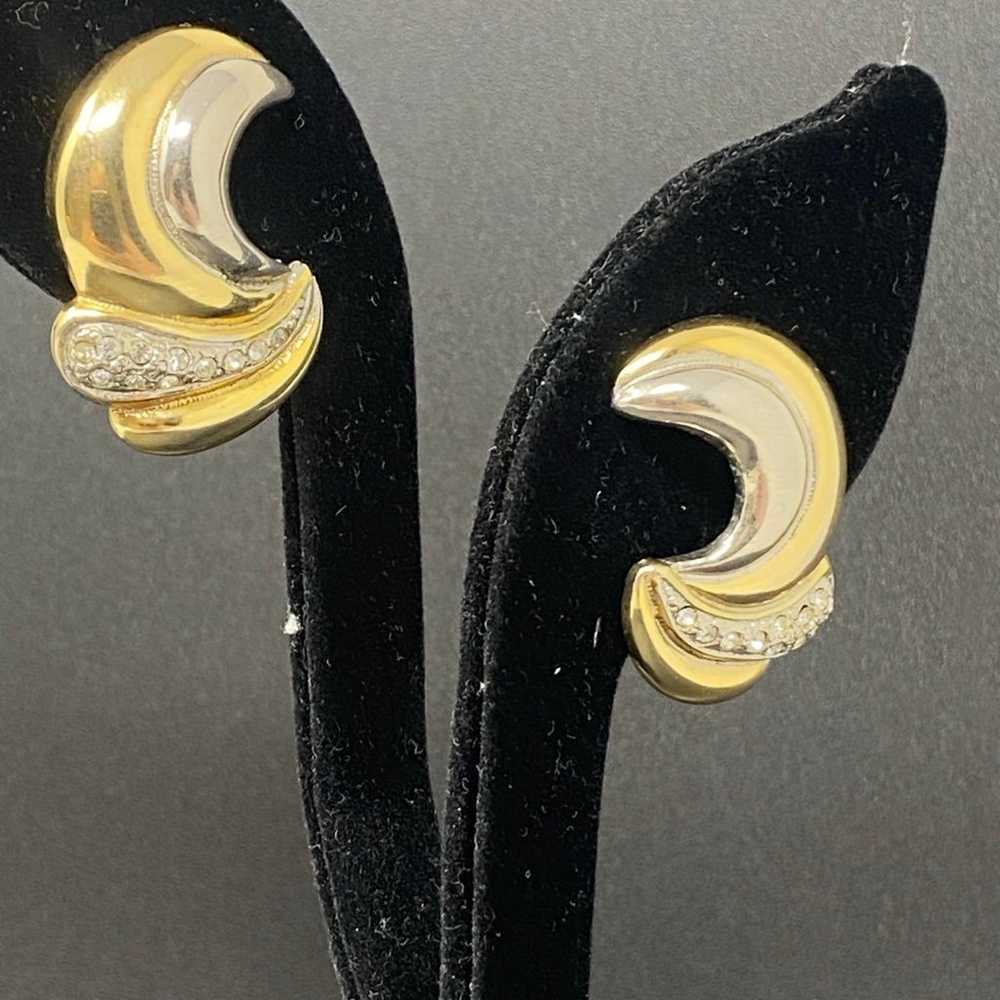 Vintage 2-tone Gold Tone Clip On Earrings With Rh… - image 2