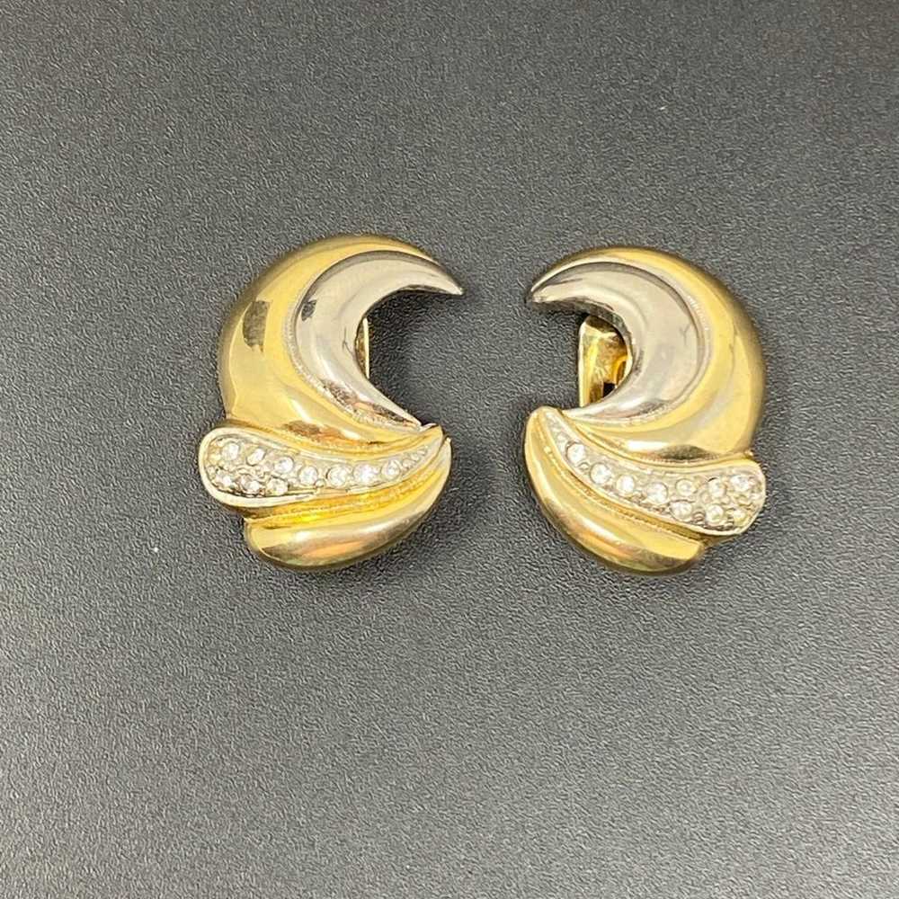 Vintage 2-tone Gold Tone Clip On Earrings With Rh… - image 5