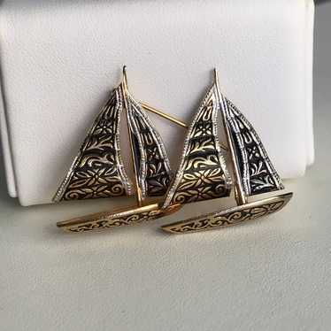 Vintage Toledo Damascene Sailing Boats Gold Tone … - image 1