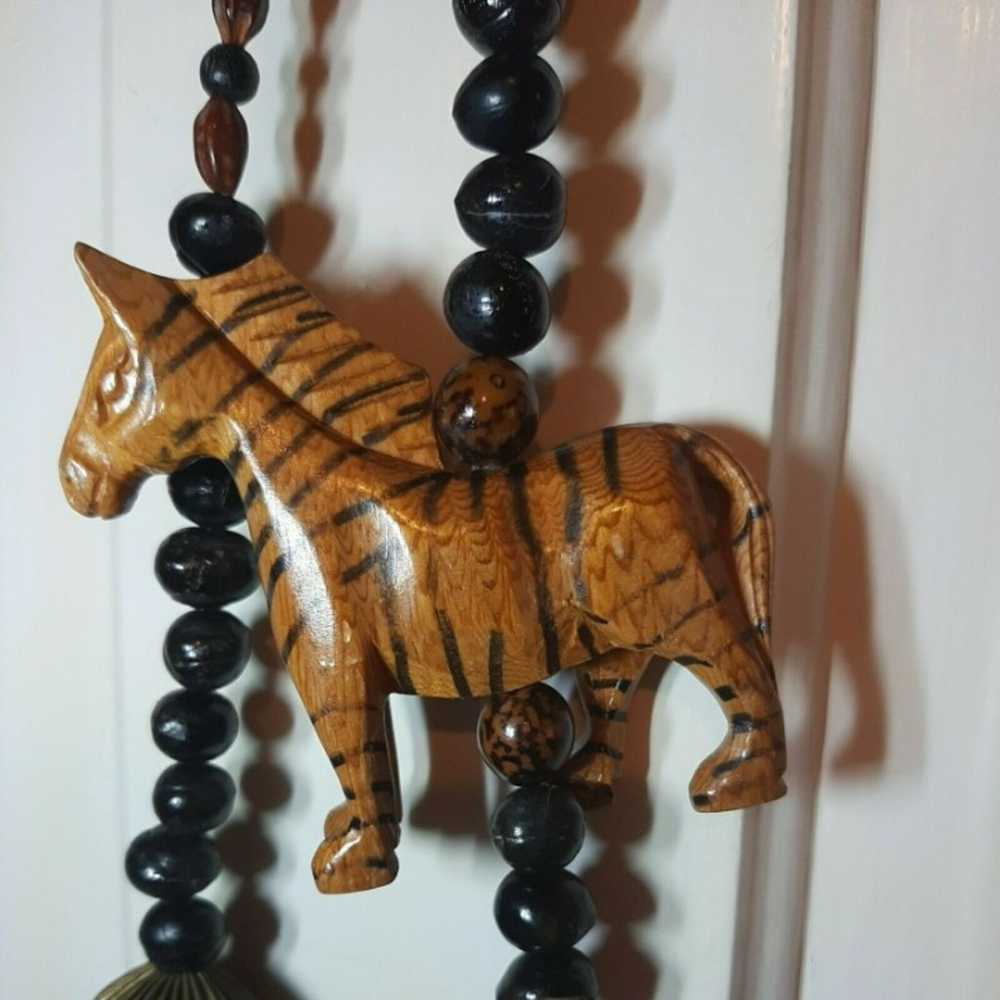 Vintage Chunky Carved Wood Brown Zebra Beaded Nec… - image 2