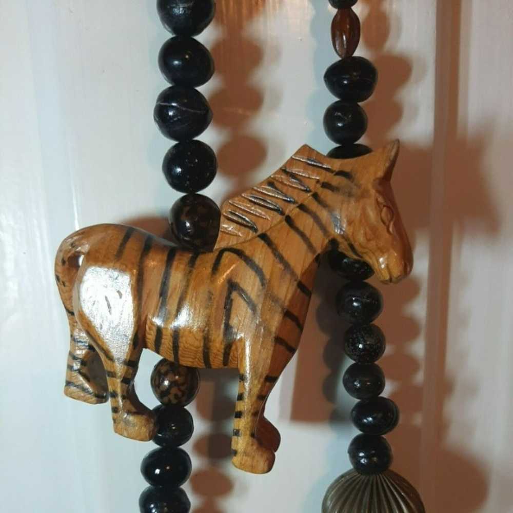 Vintage Chunky Carved Wood Brown Zebra Beaded Nec… - image 9