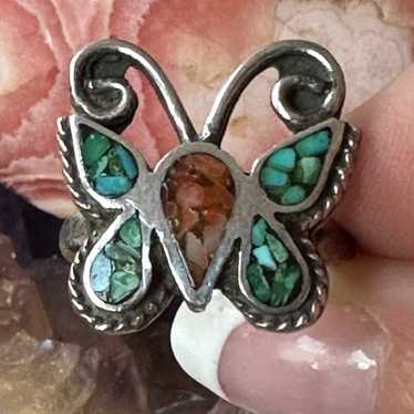 Vintage inlay turquoise and coral butterfly Sterl… - image 1