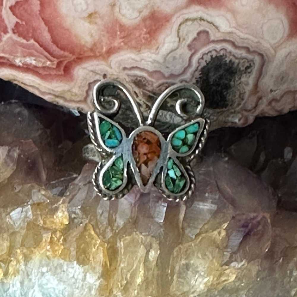 Vintage inlay turquoise and coral butterfly Sterl… - image 2