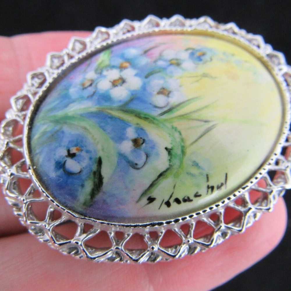 vintage "KNOCHEL" brooch HAND PAINTED CERAMIC sil… - image 1