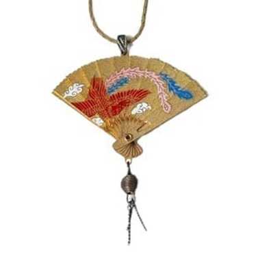 Vintage 14k GP Asian fan pendant necklace - image 1