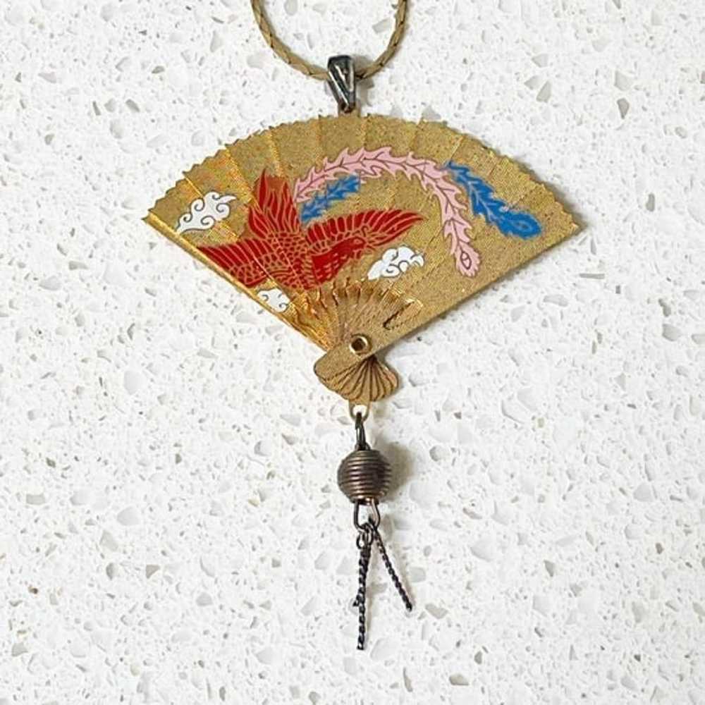 Vintage 14k GP Asian fan pendant necklace - image 2