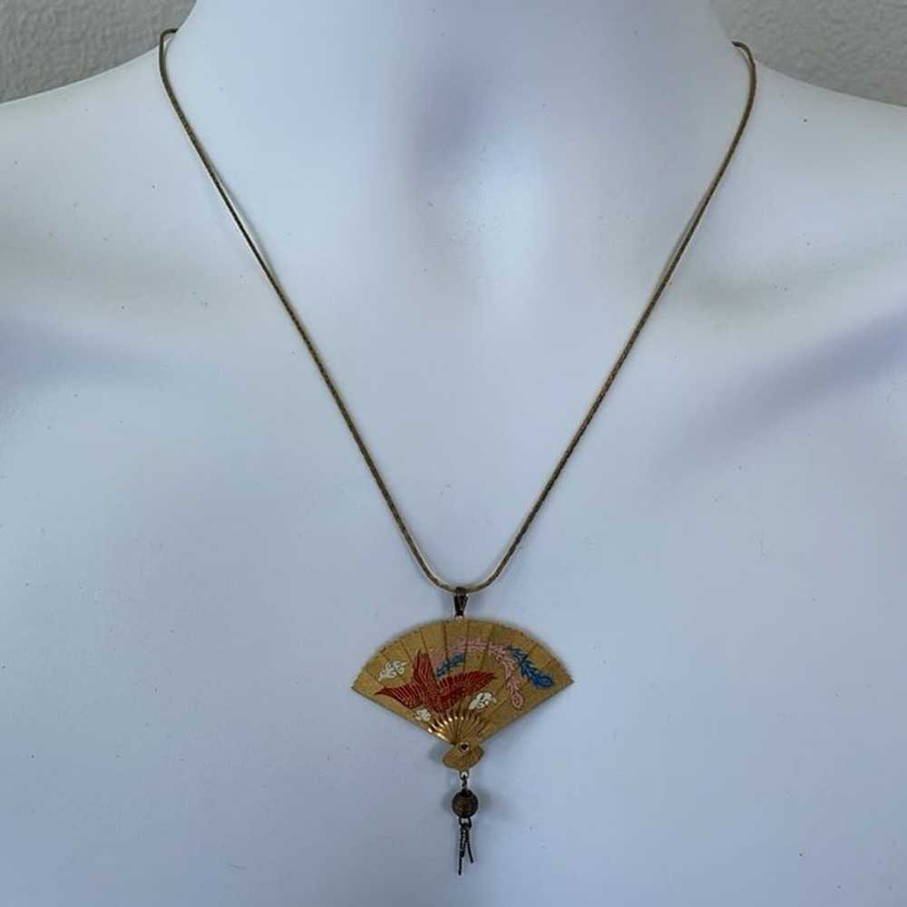 Vintage 14k GP Asian fan pendant necklace - image 8