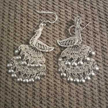 Vintage silver filigree peacock earrings - image 1