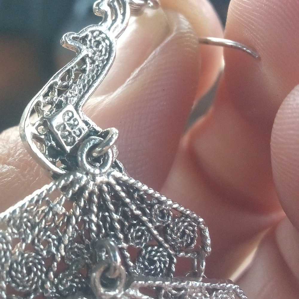 Vintage silver filigree peacock earrings - image 2