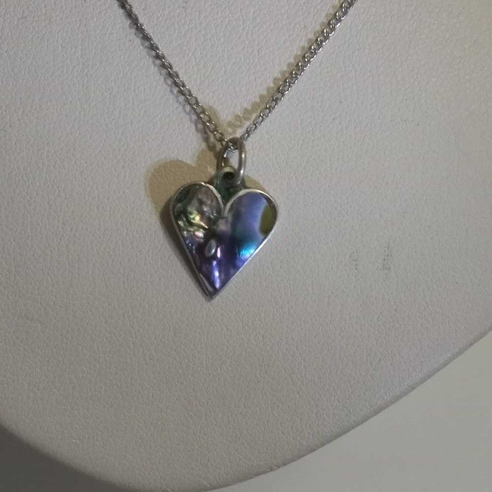 Vtg 925 Silver Abalone Heart Necklace - image 2