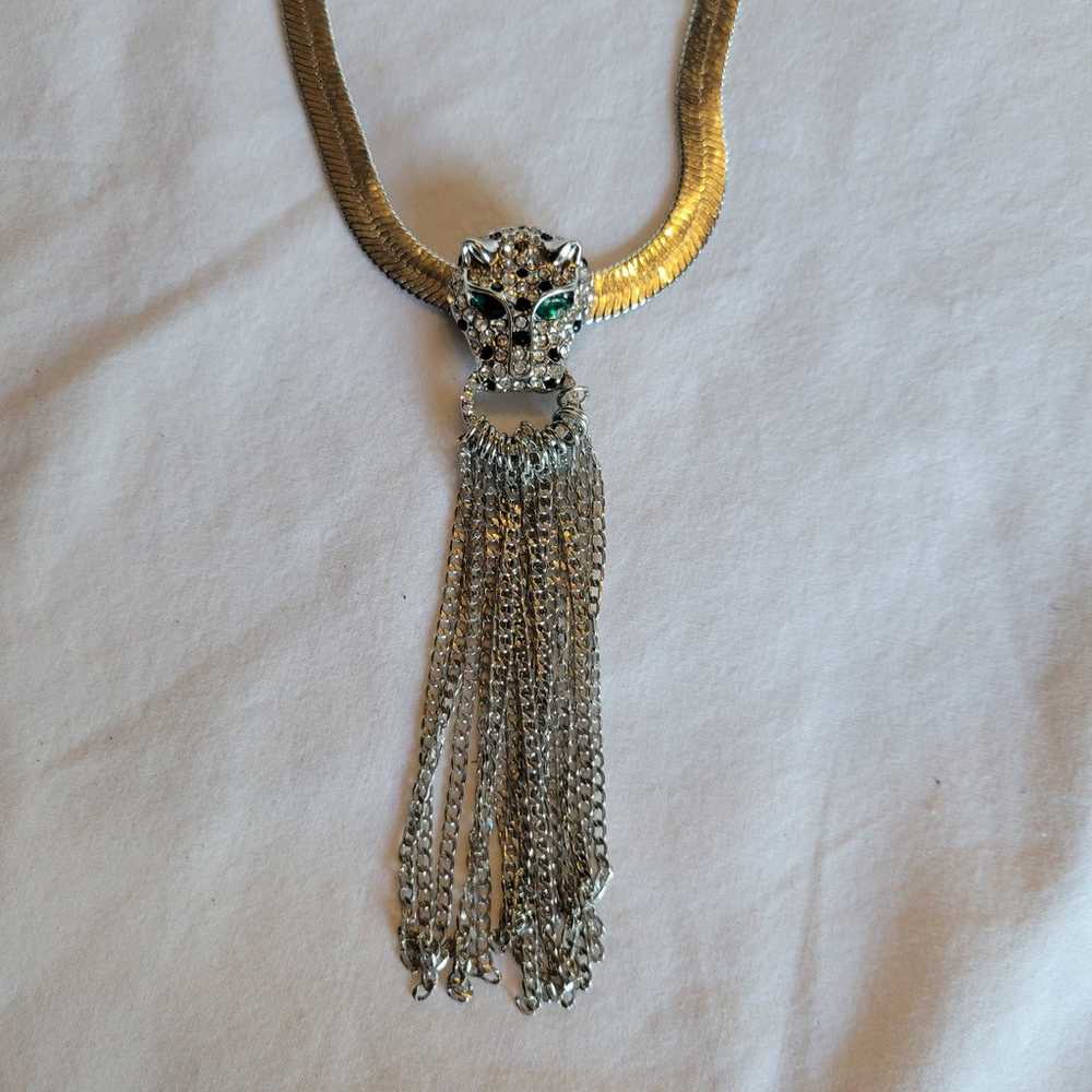 Vtg Big Cat Cheetah Head Rhinestone Choker Chain … - image 1