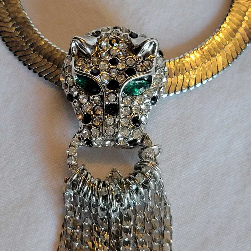 Vtg Big Cat Cheetah Head Rhinestone Choker Chain … - image 3