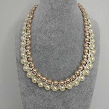 Vintage Necklace & Earrings Pearl and Rose Silver… - image 1