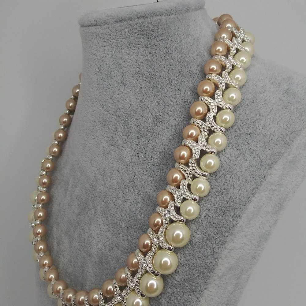 Vintage Necklace & Earrings Pearl and Rose Silver… - image 2