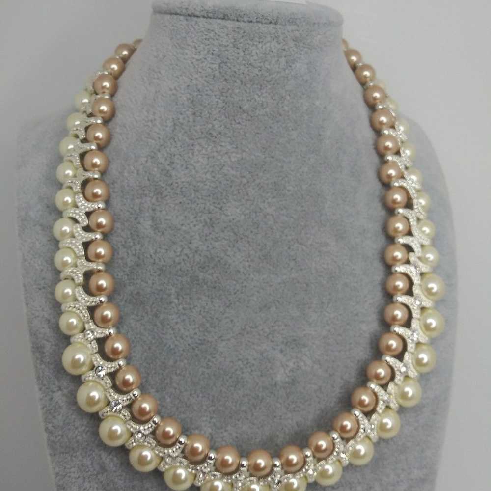 Vintage Necklace & Earrings Pearl and Rose Silver… - image 3