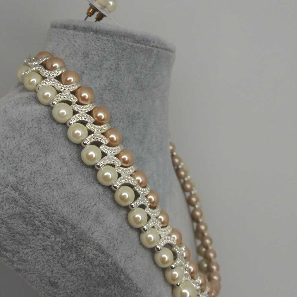 Vintage Necklace & Earrings Pearl and Rose Silver… - image 4