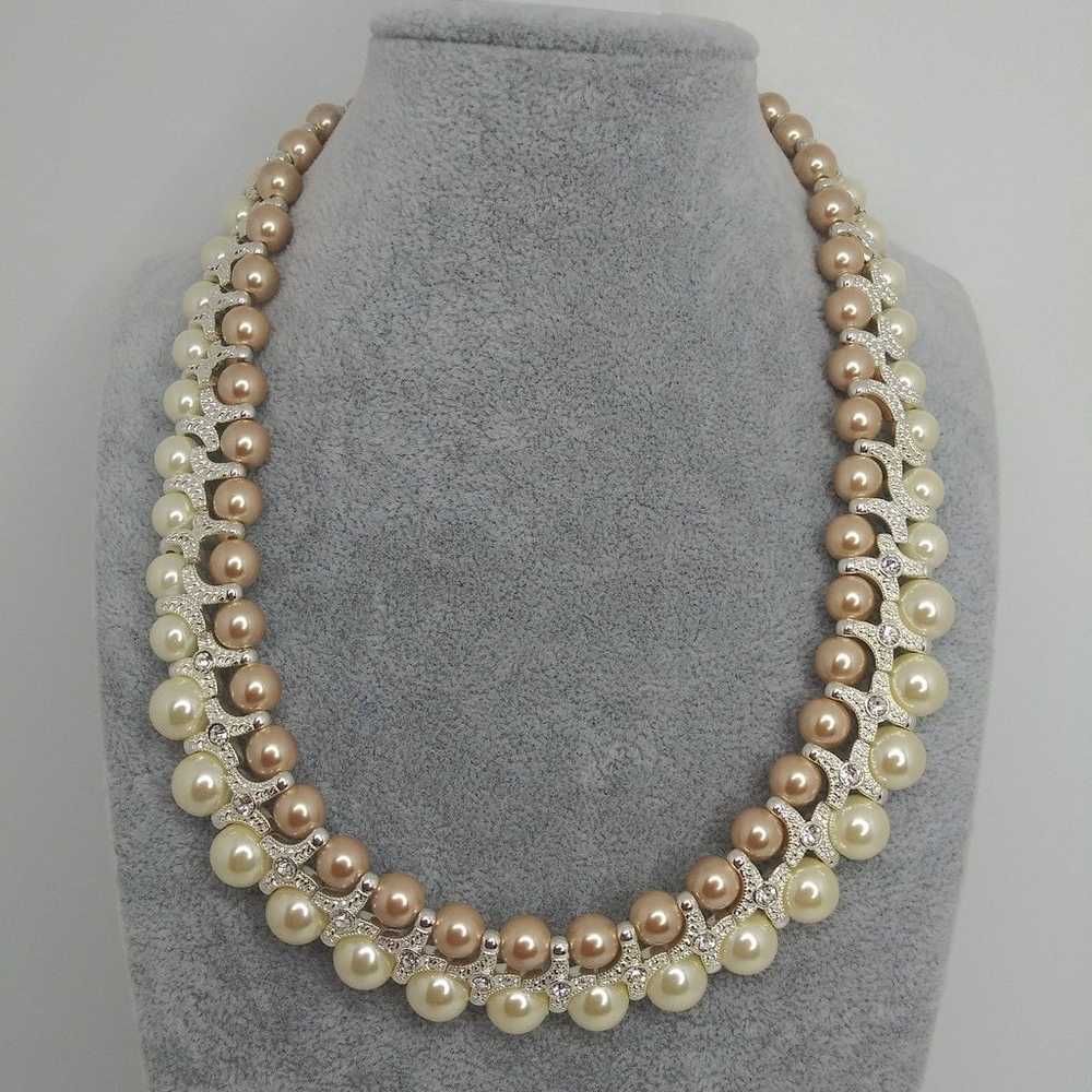 Vintage Necklace & Earrings Pearl and Rose Silver… - image 5