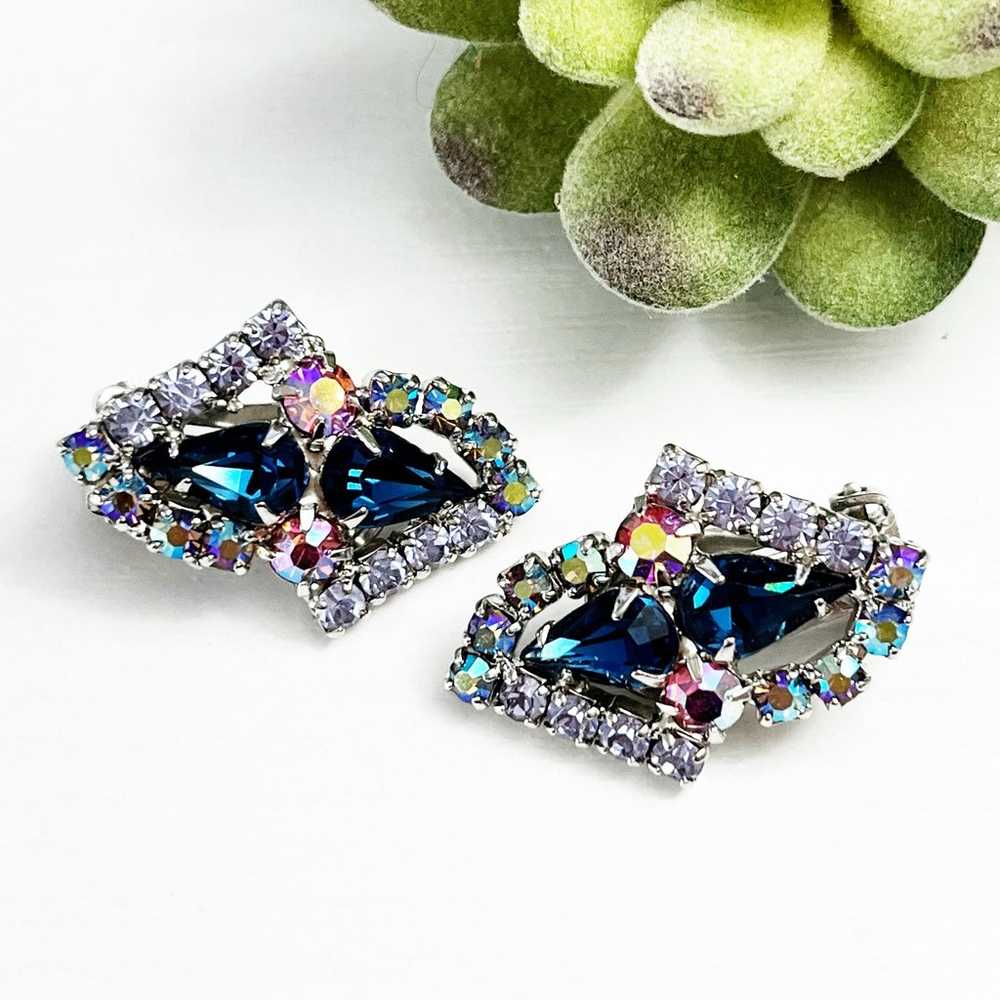 Aurora Borealis Vintage Blue Clip Earrings - image 1