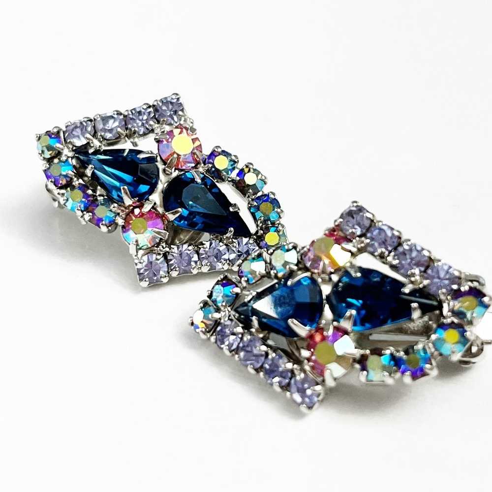 Aurora Borealis Vintage Blue Clip Earrings - image 2