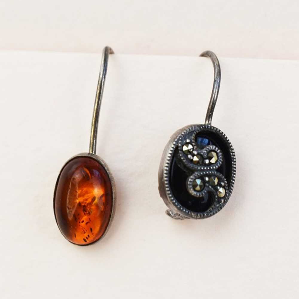 Asymmetrical mismatched earrings, onyx marcasite … - image 1