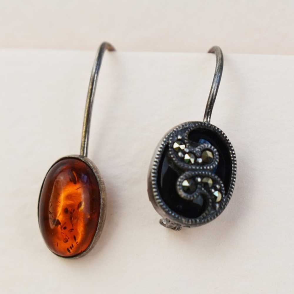 Asymmetrical mismatched earrings, onyx marcasite … - image 4