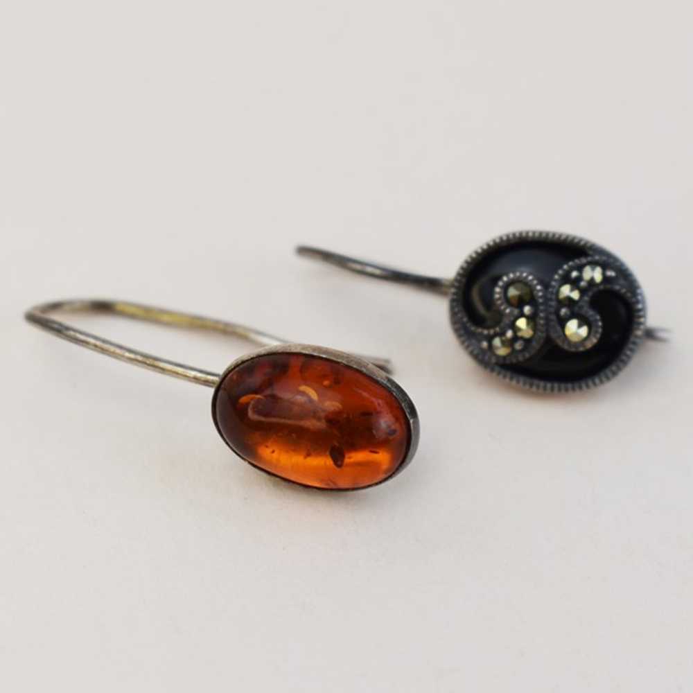 Asymmetrical mismatched earrings, onyx marcasite … - image 5