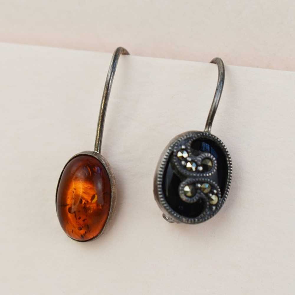 Asymmetrical mismatched earrings, onyx marcasite … - image 7