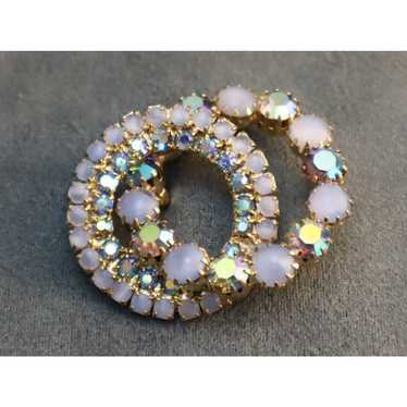 Blue Moonstone Glass Brooch AB Rhinestones Vintag… - image 1