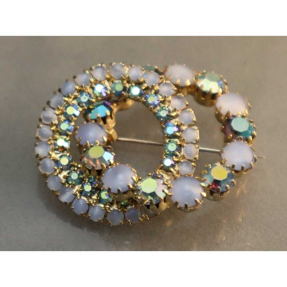 Blue Moonstone Glass Brooch AB Rhinestones Vintag… - image 3