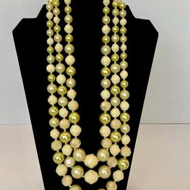 Selling Vintage 3-STRAND NECKLACE Green Gold Cream Celluloid Beads - Signed Hong Kong