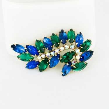 Vintage Brooch Emerald Green Sapphire Blue Crysta… - image 1