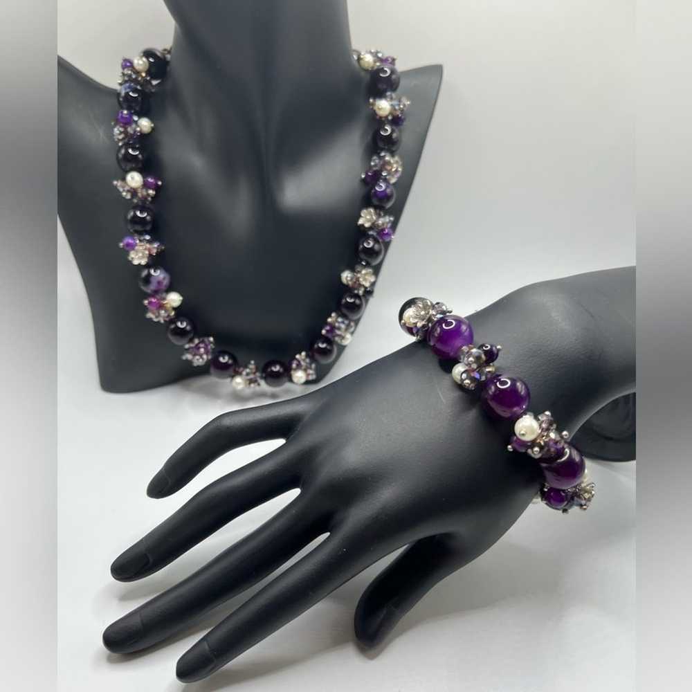 Glass purple, silver, and pearl colored necklace … - image 1