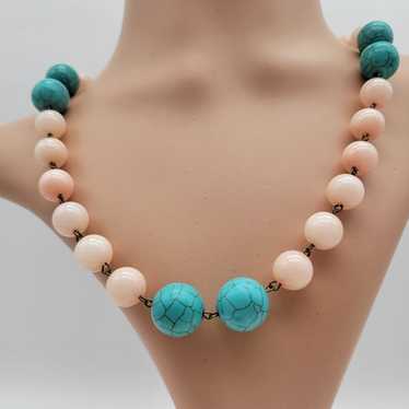 Rose Quartz Turquoise Beaded Necklace Natural Sto… - image 1