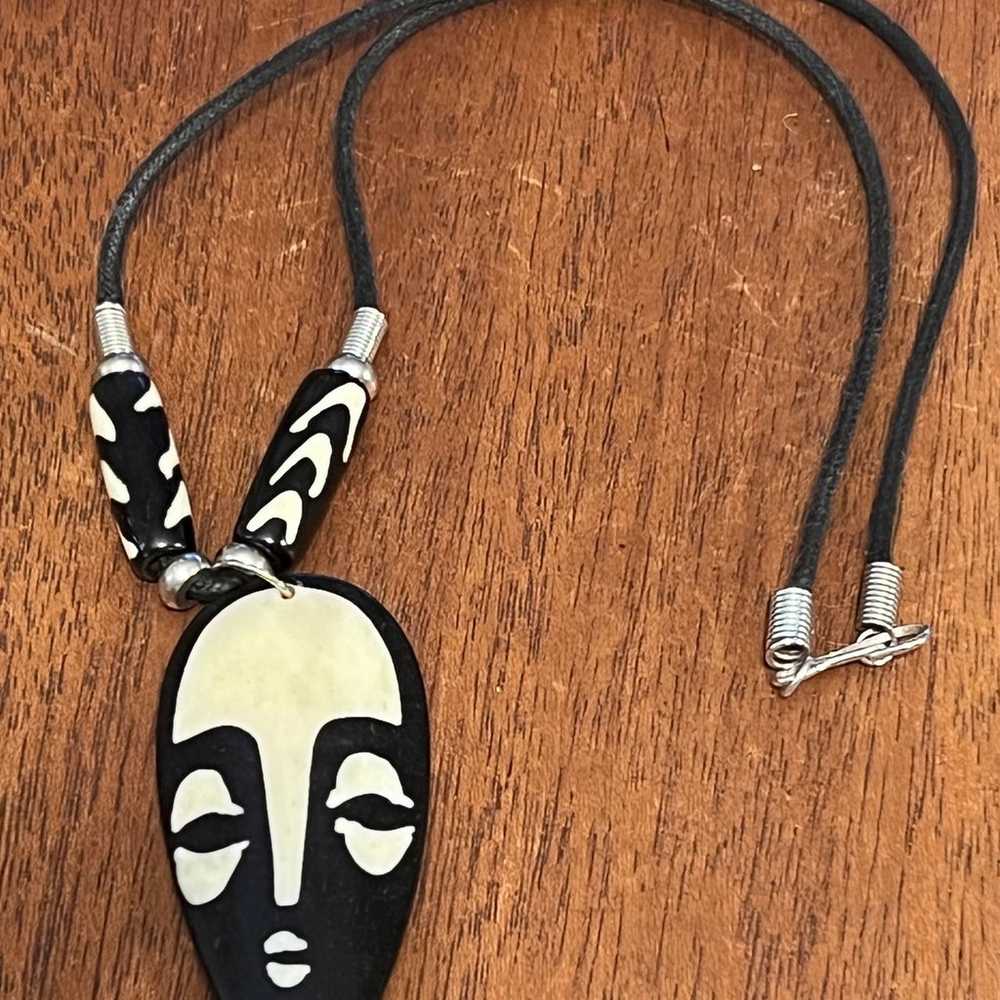 Vintage Tribal Ebony & Ivory Mask Necklace - image 1