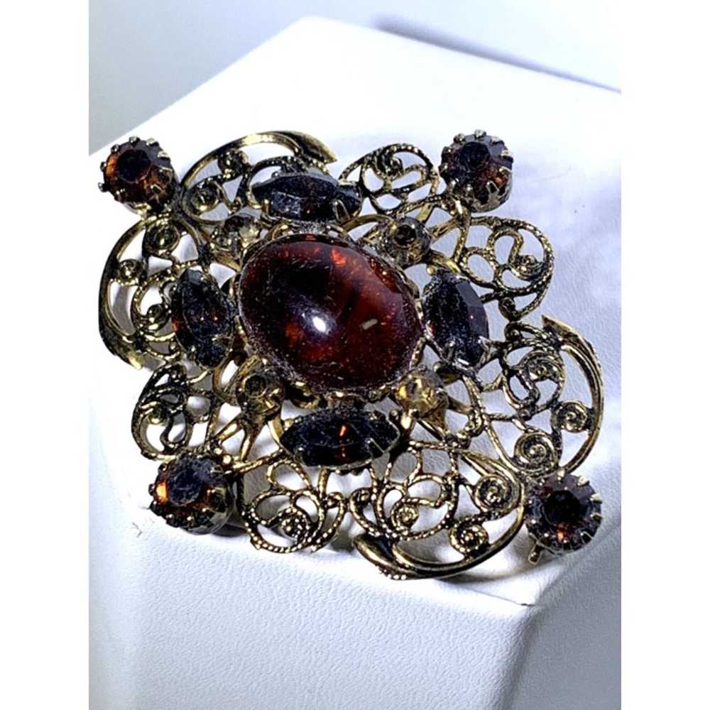 Gold Tone Filigree Brooch Cognac Stones Vintage - image 1