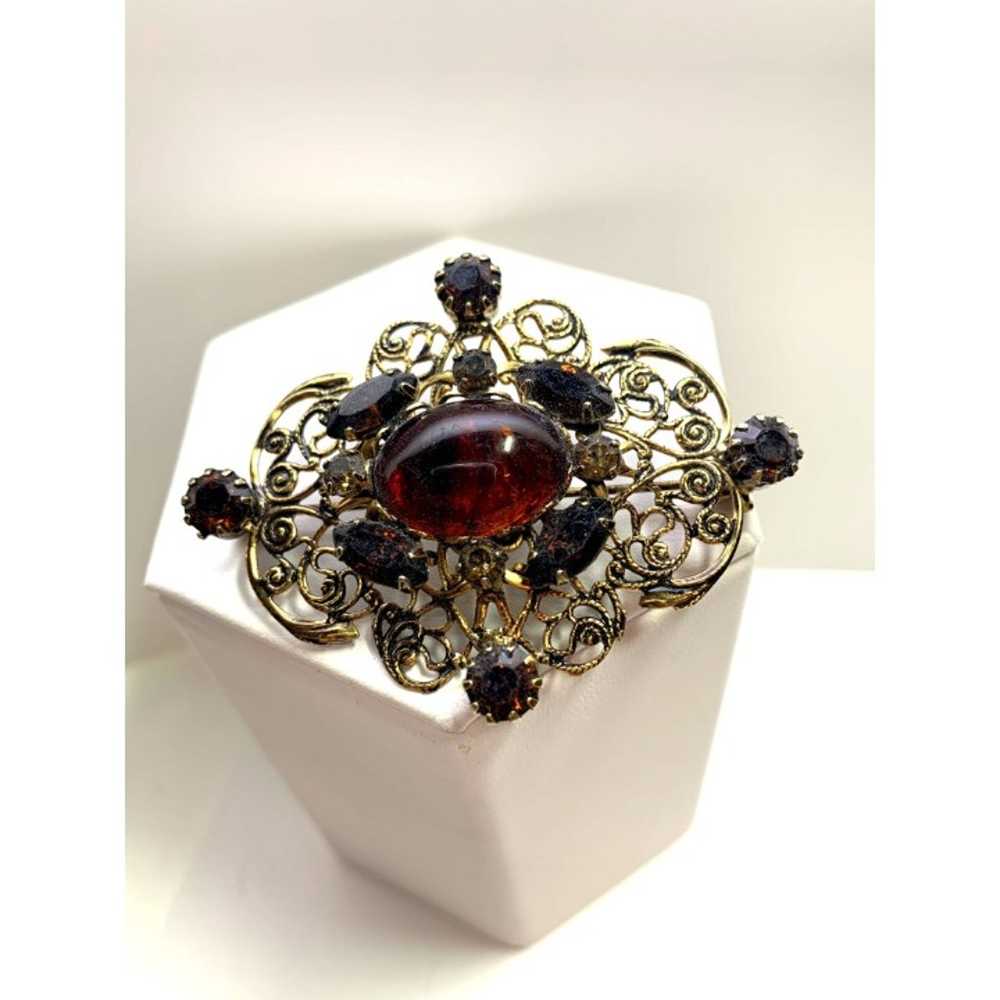 Gold Tone Filigree Brooch Cognac Stones Vintage - image 2