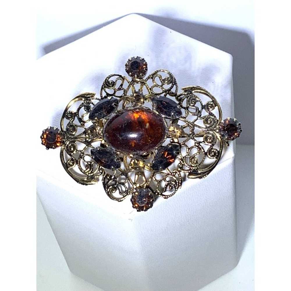 Gold Tone Filigree Brooch Cognac Stones Vintage - image 4