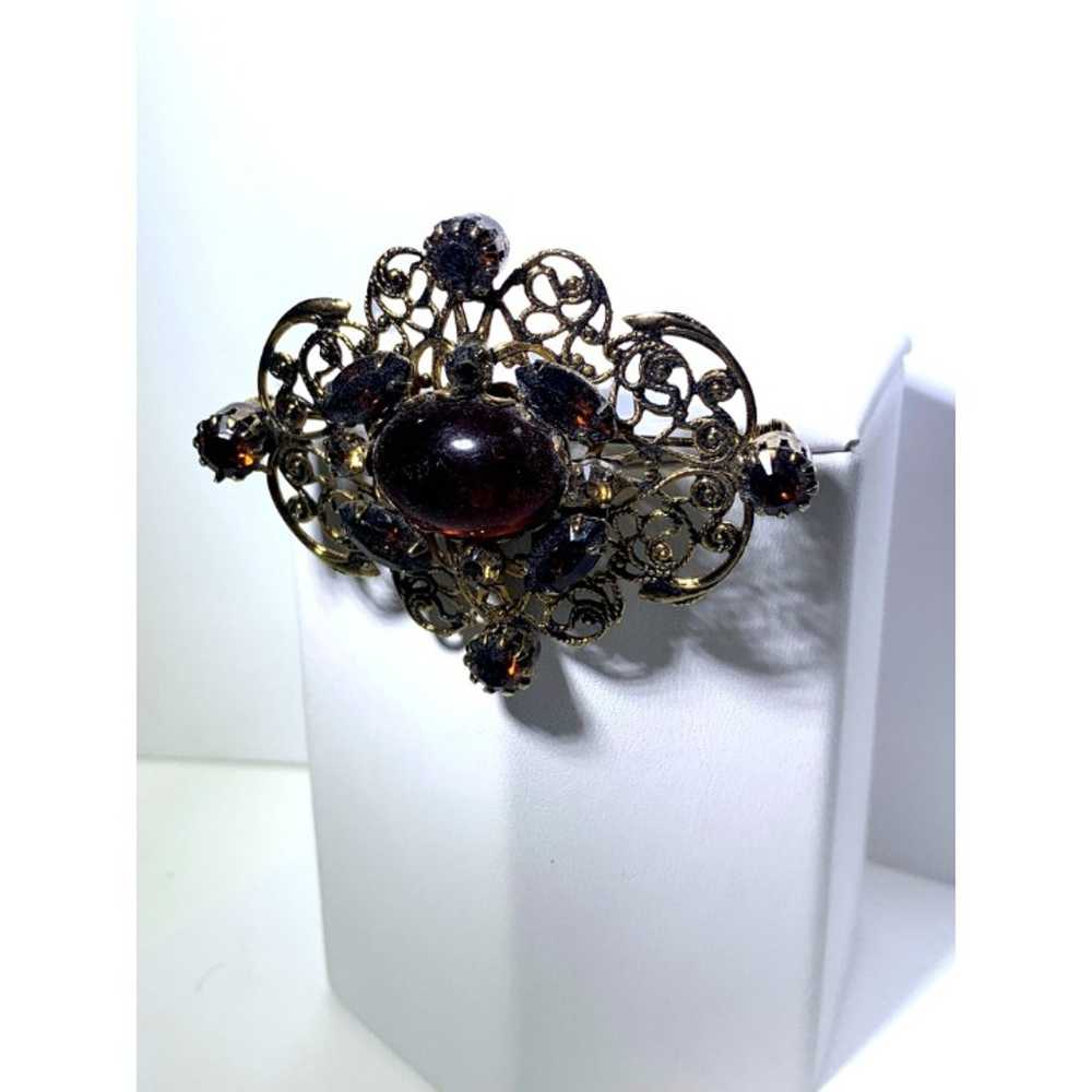 Gold Tone Filigree Brooch Cognac Stones Vintage - image 5