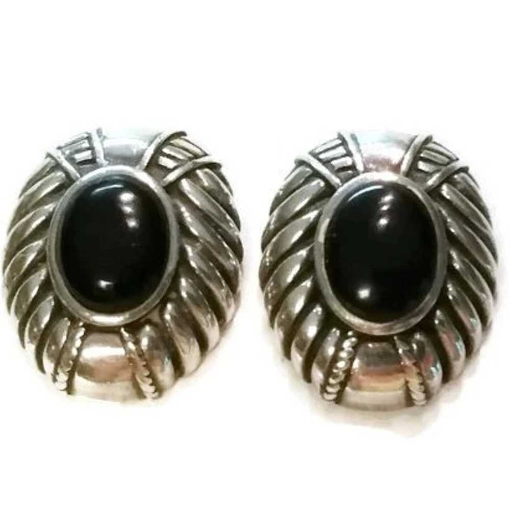 Modern Sterling Silver Black Onyx Oval Post Earri… - image 1