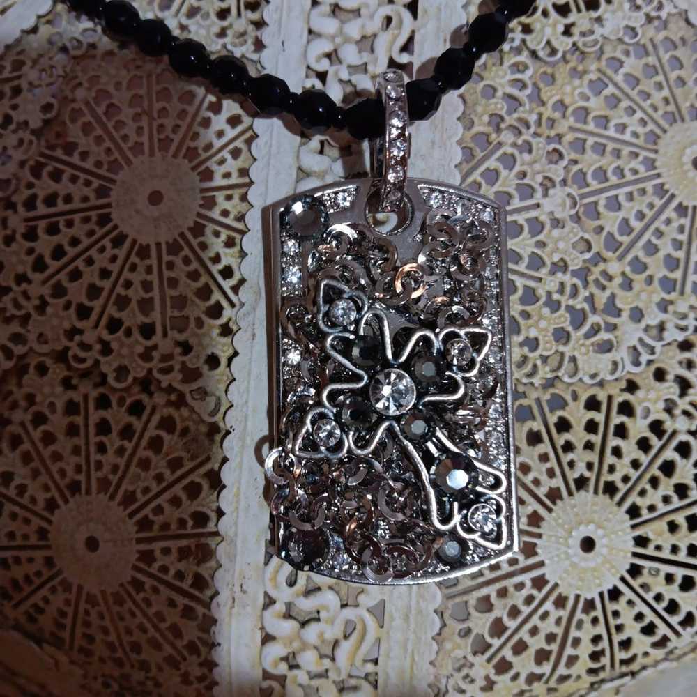 Vintage beaded rhinestone cross necklace - image 2