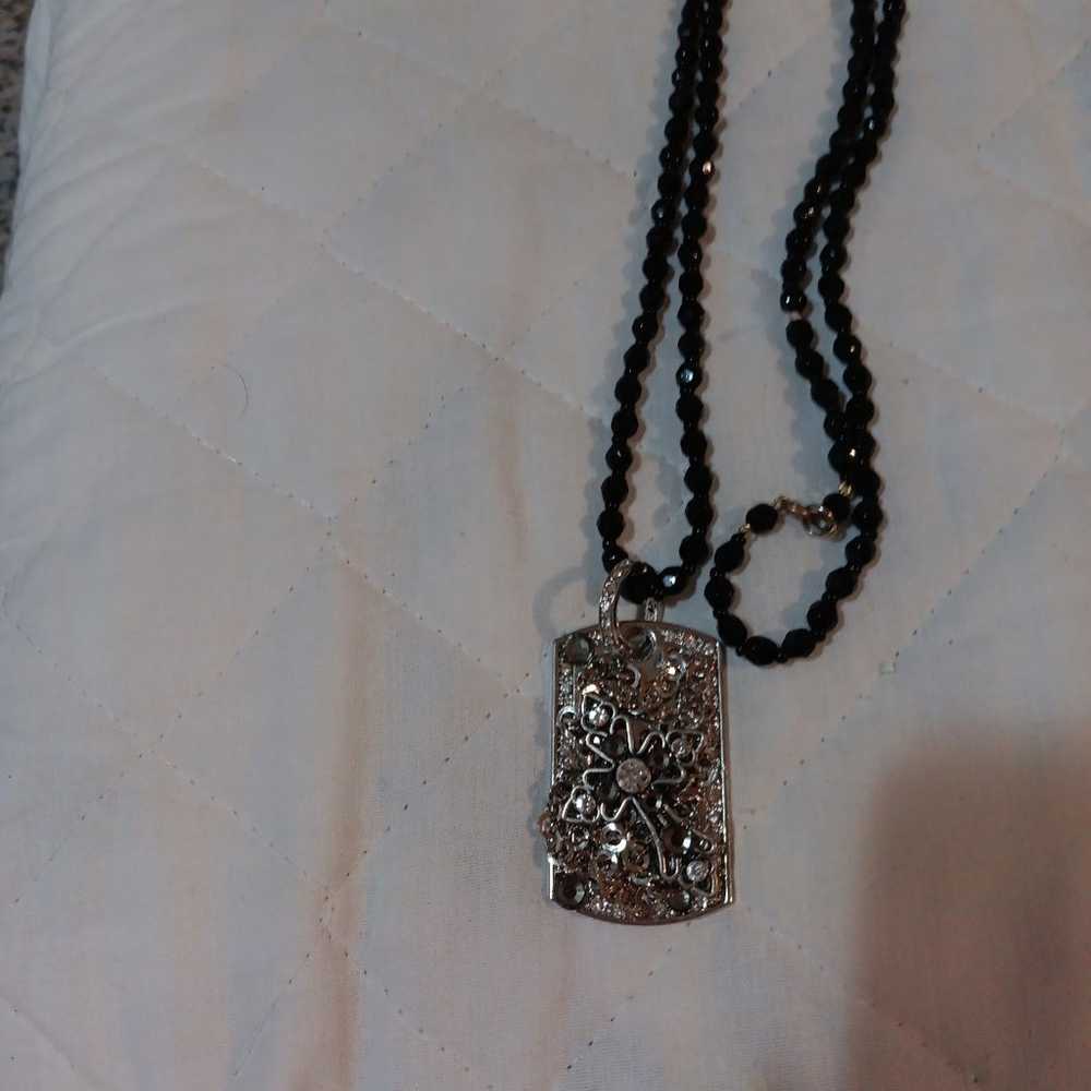 Vintage beaded rhinestone cross necklace - image 5